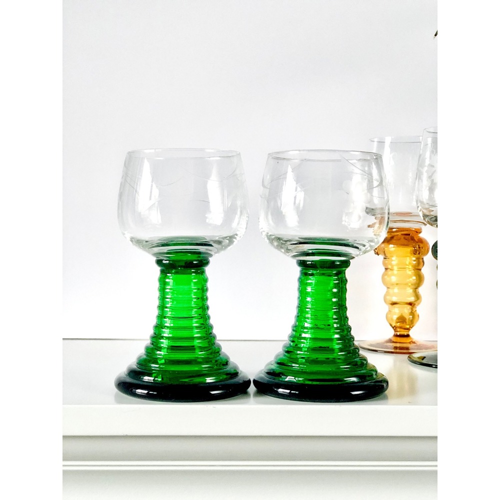 Pair of Vintage German Roemer Wine Glasses Green Beehive Stem Etched 0 25L